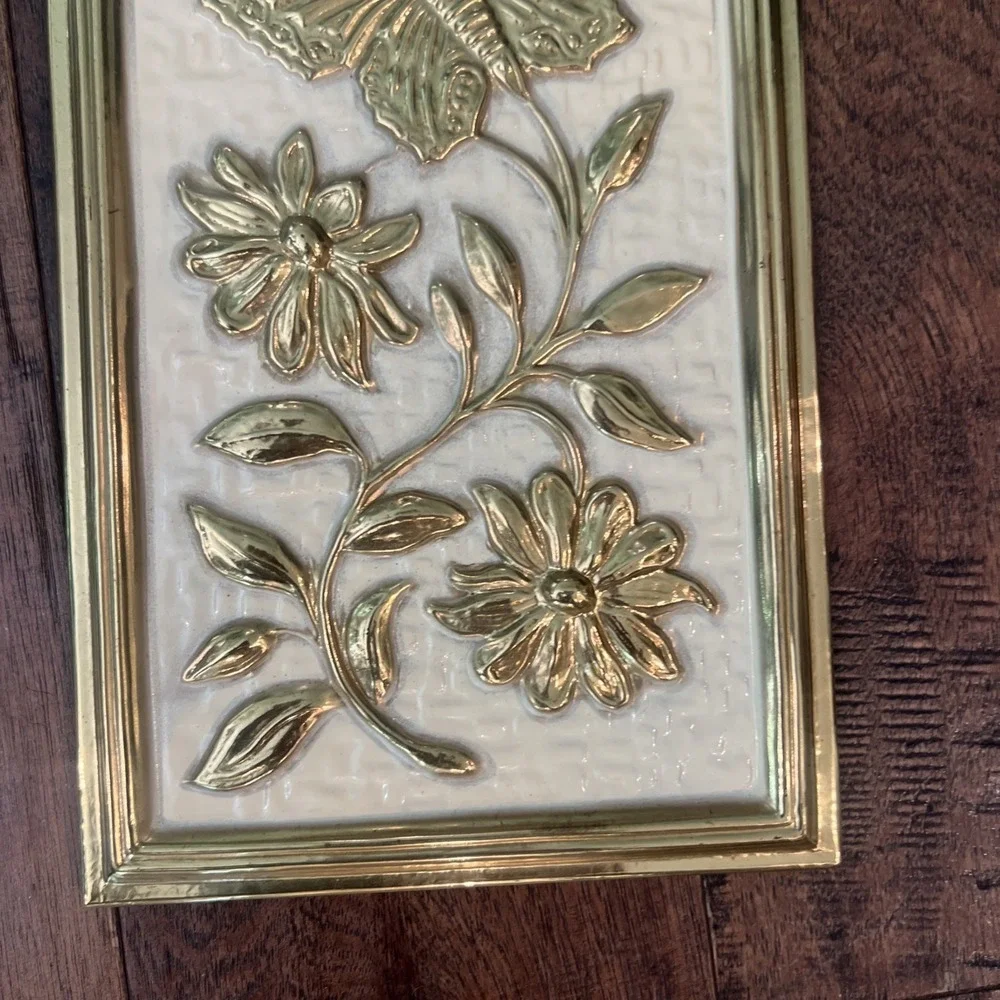 Vintage MCM Wall Panels Gold Floral Butterfly Cream 3D Set